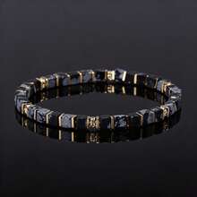 Snowflake Obsidian Square Bead Bracelet With Gold Spacer And Micro-Inlaid Rhinestones, Elastic Stretch Bracelet, Unisex Jewelry Gift - Multicolor - View 4