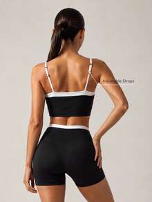 Sodalemon Women Contrast Color Gym 2PCS Set Adjustable Straps Removable Pads Yoga Tank Top Color Block Waistband Lift Buttocks Fitness Shorts Workout Sets - Black - View 9