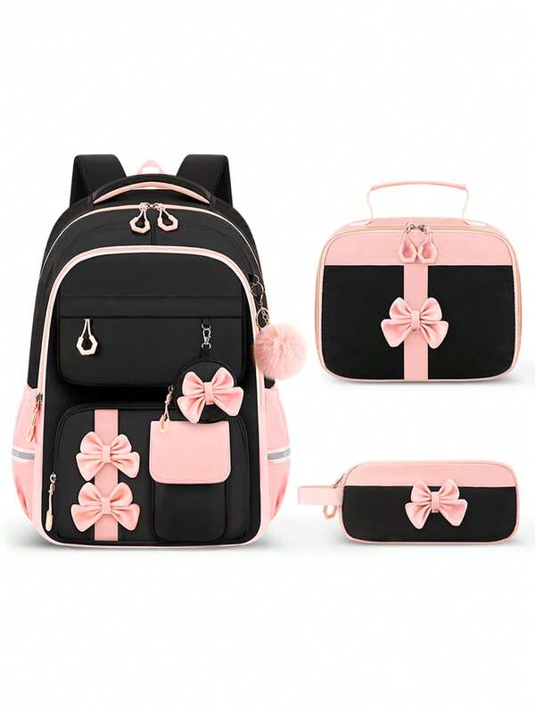 4pcs Cute Bow Backpack Set With Detachable Small Wallet, Large Capacity Multi-Pocket Lightweight School Bag, Travel Backpack, Back To School Gift