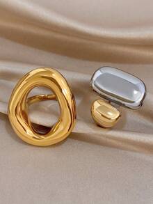 1Pc/Set Irregular Hollow Oval Gold Ring Two-Tone Curved Open Ring Set,Stainless Steel Jewelry For Women,Party,Daily,Birthday Gifts,Halloween,Boho/Y2K - Multicolor - View 6