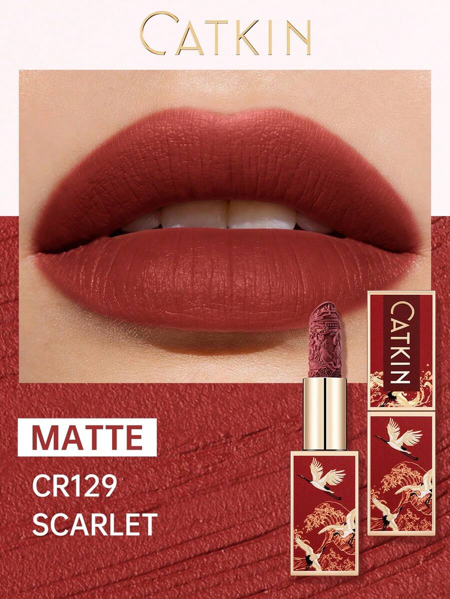 CATKIN Rouge Matte Engraved Lipstick, Waterproof Long-Lasting Satin Smooth CR129 Crimson