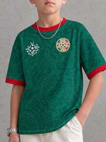 1 Stück Jungen American Football Trikot Kurzarm T-Shirt, mexikanischer Stil All-Over-Muster Totem-Emblem Kontrast Rot Saum Sport-Top, atmungsaktiv schnelltrocknend Fan T-Shirt, Streetwear Cool Style Lässig Outdoor Sport Kinderbekleidung - Grün - Übersicht 5