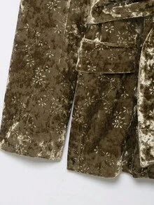 YROOE Women's Autumn/Winter Gold Embossed Velvet Lapel Wrap Tie Waist Long Sleeve Slim Fit Blazer - Gold - View 5
