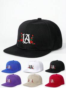1pc Embroidered LA Rose Flat-Brim Baseball Cap, Personalized Letter Embroidery, Streetwear Fashion 5-Panel Cap, Outdoor Sun Protection Casual Hat For Spring/Autumn Travel, Beach - Baseball Cap - View 14