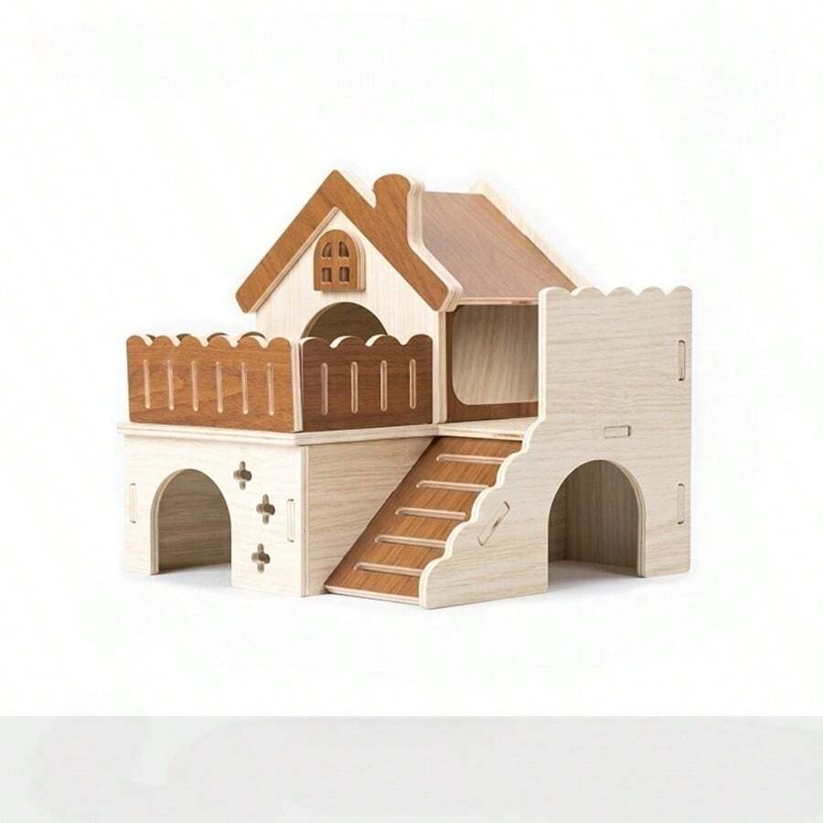 Wooden Hamster Hideout House For Pet Hamsters, Golden Hamster Large Villa Double-Layer Sleeping Nest, Solid Wood Peeping House - L - View 1