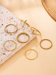 7pcs Stainless Steel Gold-Plated Thin Women's Ring Set, Delicate Minimalist Wave Heart ECG Chain Twisted Plain Band Multi-Style Stackable Ring Combination, Holiday Gift, Daily Commute Stackable Jewelry - Gold - View 2
