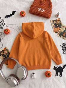 Boys Casual Solid Color Pumpkin Pattern Knit Pullover Hoodie Sweater Long Sleeve Suitable For Daily Wear Party Spring Autumn Winter - Orange - View 4