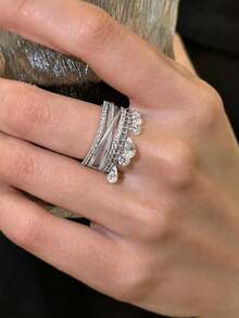 1pc Multi-Layer Fashion Gold Plated Ring Set With Zirconia Crystal Tassel, Adjustable Open Ring, Jewelry For Wedding, Party - Multicolor - View 11