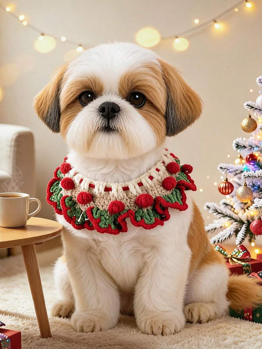 PETCIRCLE 1 قطعة ملابس حيوانات أليفة خريف/شتاء كلب صغير جرو قطة لطيفة أسلوب أجواء العطلات وشاح صوفي عيد الميلاد - كرة حمراء - متعدد الألوان - مشاهدة 1