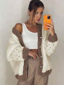 Women's French Minimalist Contrast V-Neck Long Sleeve Knit Cardigan – Fall/Winter Home Casual Fashion Versatile Loose Drop Shoulder Sweater Coat - White - View 1
