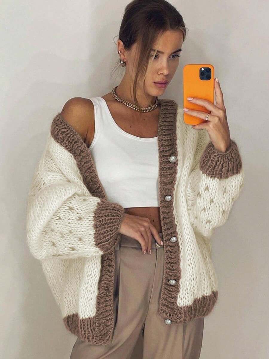 Women's French Minimalist Contrast V-Neck Long Sleeve Knit Cardigan – Fall/Winter Home Casual Fashion Versatile Loose Drop Shoulder Sweater Coat - White - View 1