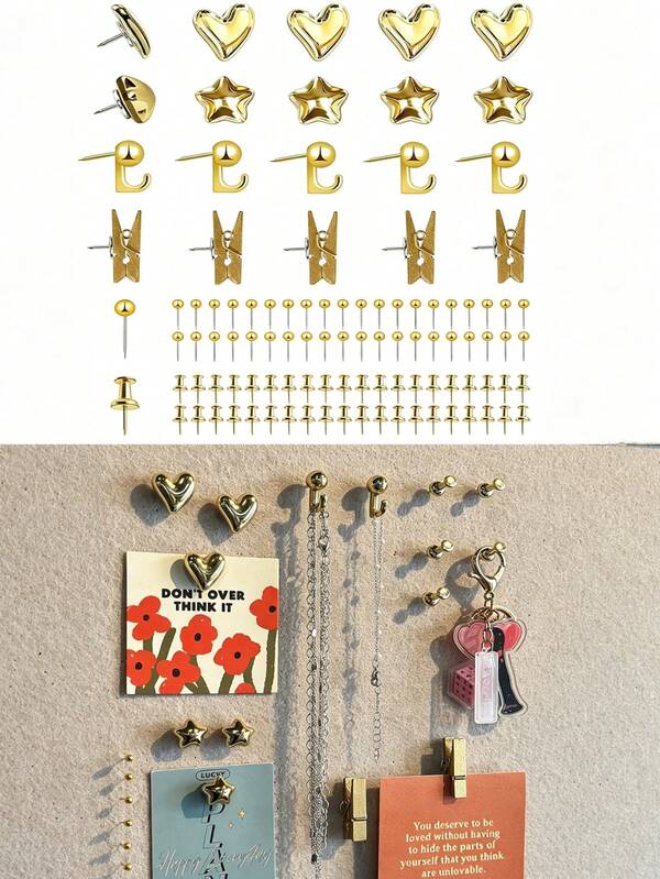 100pcs Gold-Plated Plastic Push Pins, Multi-Purpose Office Supplies, Suitable For Cork Board Decoration, Bulletin Board Arrangement, Photo Wall Accents, Document Fixing, Map Marking, Handmade DIY Projects, Classroom, Dormitory And Desk Organization