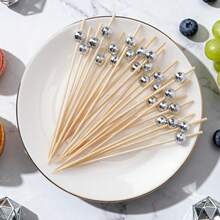 100pcs Disco Mirror Silver Beads And Space Ball Cocktail Picks - Elegant Bamboo Skewers, Toothpicks, Suitable For Christmas Party, Bar Decor, Fruit, Cake And Snack Display - Silver - View 2