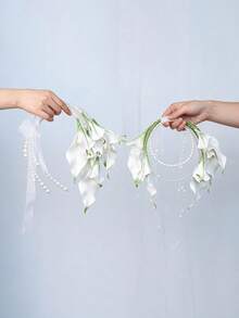 Elegant White Calla Lily Pearl Bridal Handheld Wreath Bride Wedding Decor For Outdoor Wedding Party - White - View 8
