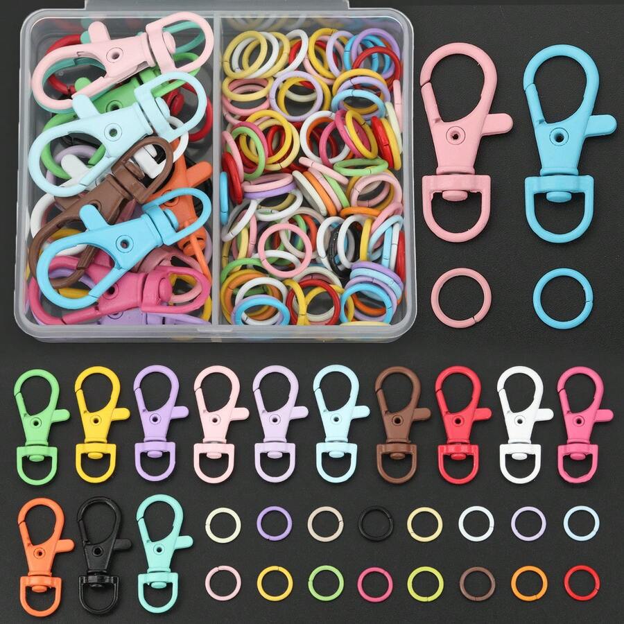 112pcs/Box DIY Random Mixed Color Key Ring Making Parts, Includes 12pcs Colorful Enamel Rotating Lobster Clasp + 100pcs Jump Rings, Suitable For Braided DIY Keychains, Bag Charms, Spring Clasps, Pet Collar Connectors, Open Connectors, Keychain Accessory Making Materials, DIY Key Ring Accessory Making - Lobster Buckle & Jump Ring - View 1