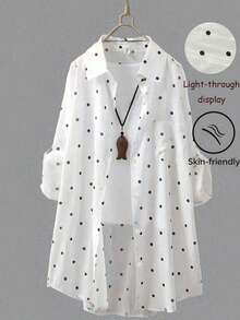 Women's White Polka Dot Long Shirt, Collared, Long Sleeve, Front Button Pocket, Regular Hem, Rolled Sleeve, Flowy Breathable Lightweight Shirt, Summer Beach Vacation Sun Protection Outerwear Spring - White - View 2