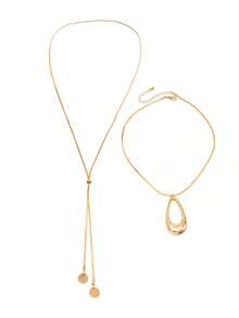 1 Set 2pcs Fashion Minimalist White Geometric Hollow Water Drop Pendant Pull-Chain Snake Bone Chain Round Metal Sequin Pendant Y-Shaped Long Necklace Set Suitable For Women Daily, Vacation, Party Wear - Gold - View 5