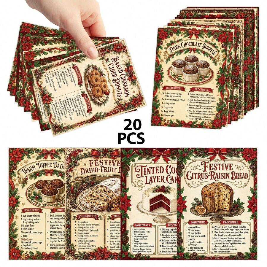 20pcs Retro Christmas Baking Recipe Cards, Festive Christmas Dessert Baking Guide Cards With Ingredients & Procedure, Holiday Food Theme Recipe Reference Cards, Xmas Gifts For Home Bakers - A - View 1