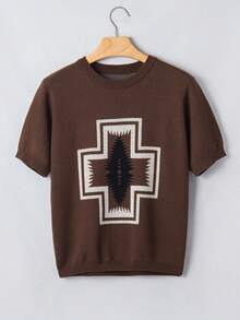 Acelitt Spring/Autumn Western Bohemian Style Loose Short Jacquard Knit Short Sleeve Sweater, Suitable For Daily Wear - Brown - View 4