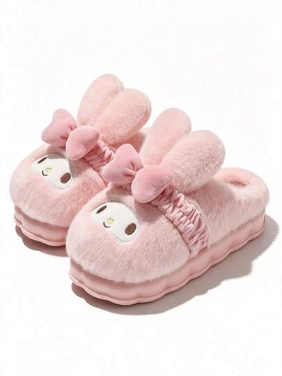 MY MELODY Women's Winter Plush Slippers, Bow Cartoon Fluffy Lining Casual Shoes, Suitable For Winter Wear