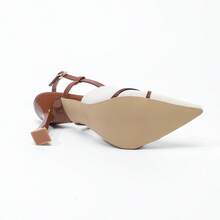 French Elegant Colorblock Pointed Toe Back Strap Metal Buckle Kitten Heel Closed Toe High Heel Sandals - Brown - View 2