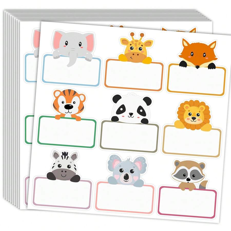 90pcs/10sheets Cute Animal Head Blank Label Stickers, 9 Patterns, Hand-Writable, Stationery Storage Memo Labels, Item Identification Stickers, Desk & Water Bottle Marking Stickers, Storage Classification Stickers, Party Chest Stickers - Multicolor - View 1