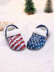 1 Pair Boys' Comfortable Fashionable Flag & Star Thermal Lined Warm Indoor/Outdoor Versatile Clogs, Autumn/Winter - Navy Blue - View 3