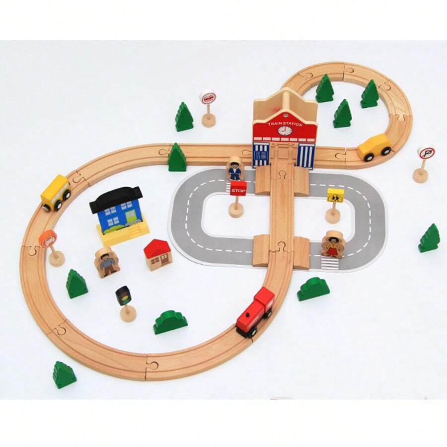 1 Set 50pcs Solid Wood Train Track Set, Children's Assembly Building Track Transportation Toy, Spatial Thinking & Concentration Training, Parent-Child Interaction Early Education Educational Gift Box - Multicolor - View 1