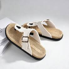 Men's Frayed Edge Adjustable Buckle Thong Flip Flops, Vintage Slouchy Summer Daily Beach Casual Flat Sandals - White - View 4