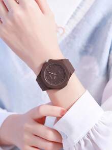 REBIRTH 1件女款時尚極簡休閒矽膠錶帶石英機芯腕錶，適合日常佩戴 - 咖啡棕 - 查看 6