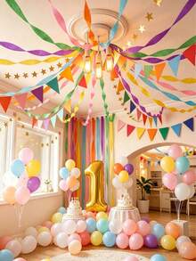 Rainbow Party Decoration Set, Includes Colorful Crepe Paper Banner, Gold Star Garland Backdrop And Flags, Suitable For Wedding Party, Luxury Birthday Party Hanging Decoration - Multicolor - View 2