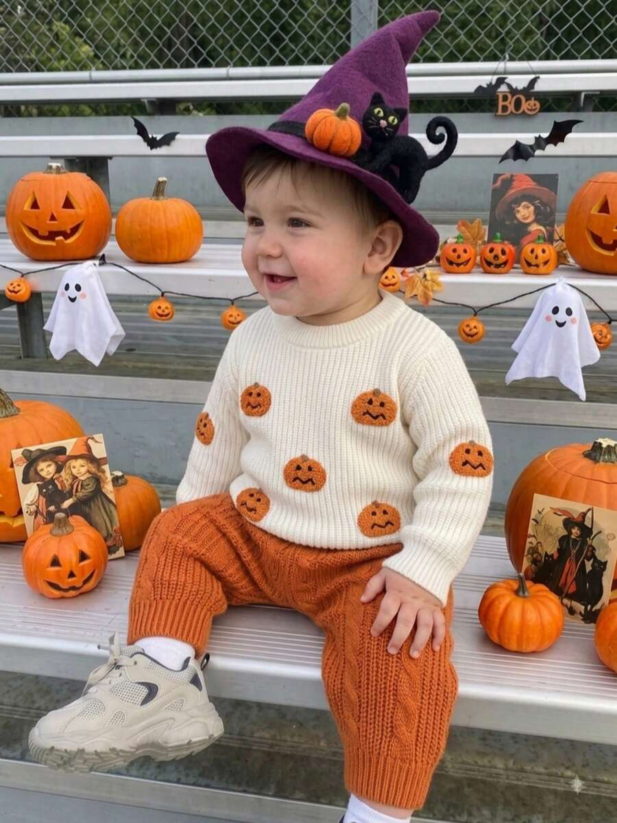 Boys Cute Solid Color Pumpkin Head Embroidered Knit Pullover Sweater, Suitable For Halloween, Daily Wear, Vacation, Spring, Autumn, Winter - Apricot - View 1