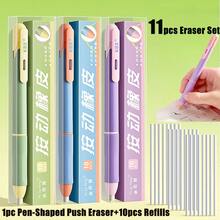 11pcs Pencil-Shaped Erasers | Press Type With Replaceable Core, Assorted Varieties For Sketching, Drawing, Writing Office Stationery School Supplies - Sets - View 3