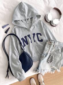 1pc Young Girls New Letter Print Zip-Up Hooded Jacket Cute Casual Children's Sweatshirt - Light Grey - View 2
