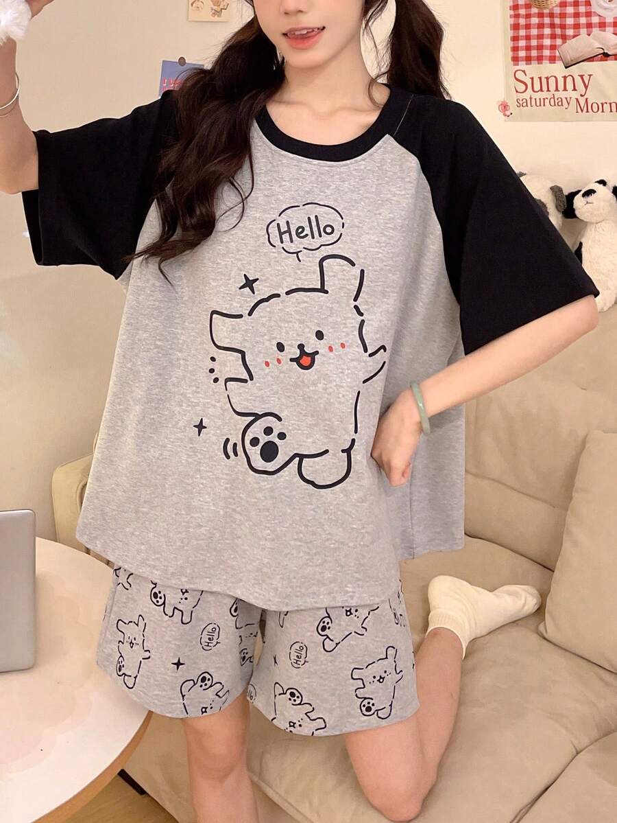 2pcs Women's Pajama Loungewear Set, Cute Animal Print Pattern Pullover Round Neck Casual Short Sleeve, Spring/Summer - Grey - View 1