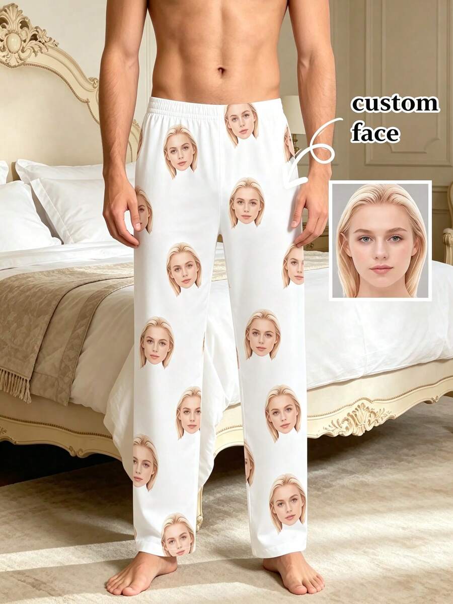 1pc Men's Customizable Single-Sided Graphic Print Black Soft Elastic Fabric Comfortable Casual Lounge Pants, Customized Photo Pajama Pants Gift For Boyfriend - White - View 1