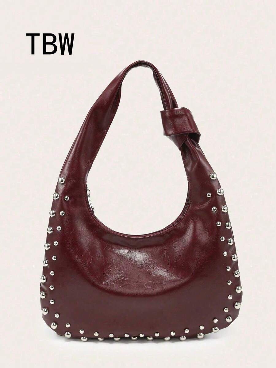 Women's Crescent-Shaped Shoulder Bag, PU Material, Large Capacity, Rivet Decor, Vintage Style, Suitable For Commuting And Outings - Burgundy - View 1