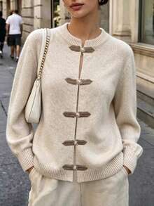 MORI Autumn/Winter Y2K Elegant Oatmeal Beige Round Neck Button-Up Long Sleeve Knit Cardigan Sweater For Women, Suitable For Outings, Parties, Vacation Wear - Apricot - View 7