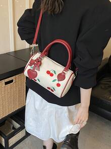 Niche Sweet Contrast Color Cherry Embroidered Boston Classic Pillow Bag With Hand Carry Handle And Adjustable Long Shoulder Strap, 3-In-1 Carrying Style: Handheld, Shoulder, Crossbody, Suitable For Light Travel, Shopping, Dating, Commuting And Outings - Red - View 6