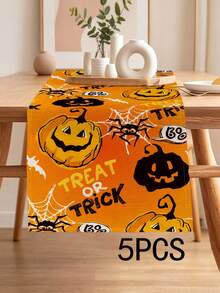1pc Pumpkin Series Pattern Printed Table Runner, 4pcs Halloween Pattern Printed Placemats, Suitable For Holiday, Party, Birthday, Dinner, Kitchen Dining Table Decoration, All Season Room Decor, Home Textile Table Runner - Multicolor - View 13