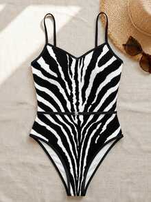 HOTTIE HABIT Black‑White Zebra Stripe Strapless One‑Piece Swimsuit, V‑Notch Front, Slim High‑Cut Monokini, Retro Animal Print Bathing Suit For Beach Pool Vacation - Multicolor - View 6