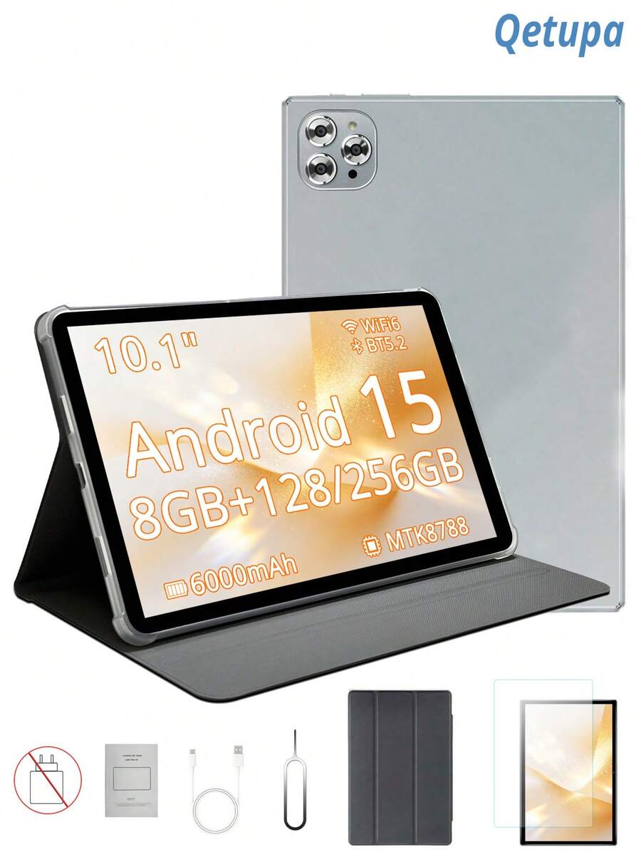 Qetupa 10.1 吋平板電腦,含保護殼與螢幕保護貼,MTK8788 處理器,8GB RAM + 128/256GB ROM(支援 1TB 擴充),1280x800 觸控螢幕,5MP 前置鏡頭與 13MP 後置鏡頭,6000mAh 電池,藍牙 5.2(不含充電器) - 銀色 - 查看 1