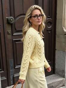 Yellow Hollow Cable Knit Round Neck Sweater Cardigan Women Autumn/Winter Soft Fluffy Slouchy Knit Cardigan - Yellow - View 6