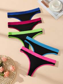 5pcs Color Block Low Waist Seamless Sexy Women's Thong Panties, Elastic Comfortable Ladies Underwear - Multicolor - View 4