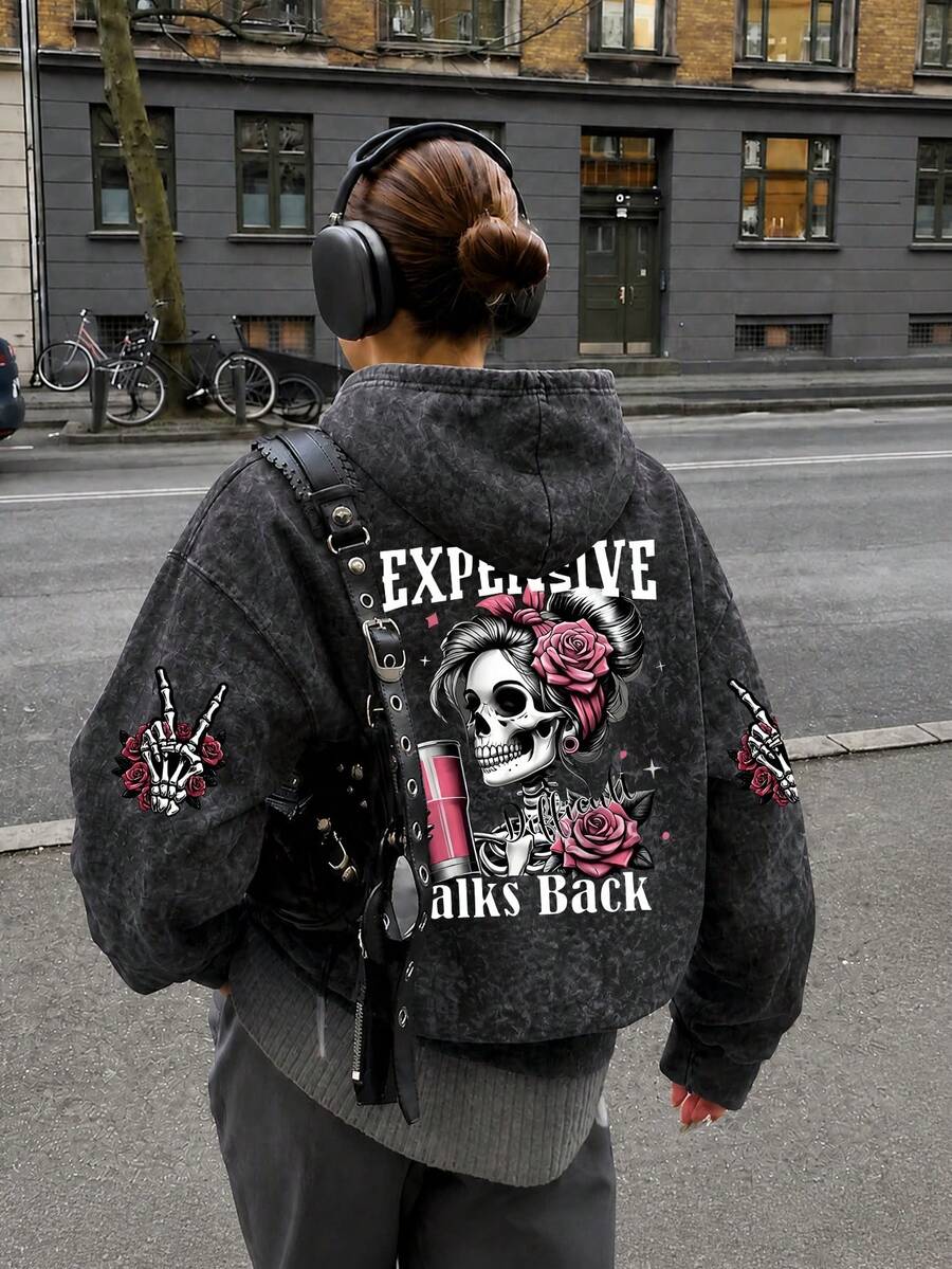 1 buah Sweatshirt Hoodie Longgar Wanita Warna Hitam dengan Motif Tengkorak dan Mawar di Bagian Belakang dan Lengan, Motif Pembicaraan Mahal di Belakang, Sweatshirt Streetwear - Hitam - View 1