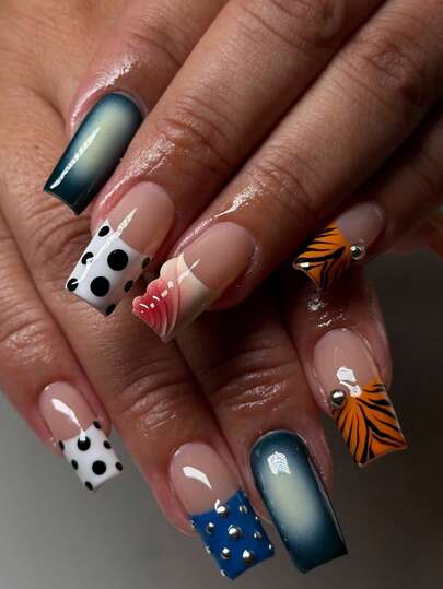 Long Rectangular Press‑On Nails, Eclectic Mix‑And‑Match Fake Nails, Featuring Tiger-Stripe Prints, Classic Black-And-White Polka Dots, Gradient Backgrounds, And Silver Beads. Perfect For Streetwear, Music Festivals, Parties, And Everyday Wear.