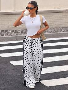 Women's Autumn Wide Leg Straight Loose Polka Dot Print Long Pants, Daily Business Casual Commute Date Work Wear With Pockets - White - View 4