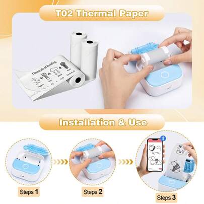 Thermal Paper, T02 Mini Printer Paper, Thermal Printer Paper Black On White Sticky Paper 50mm X3.5m, 3 Rolls Transparency