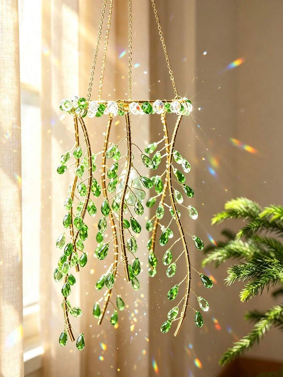 1pc Gold Frame Emerald Green Teardrop Crystal Vine Suncatcher, Hanging Beaded Branch Window Prism Rainbow Catcher, Bohemian Style Bedroom Wall Garden Home Decor Ornament Gift - Multicolor - View 1