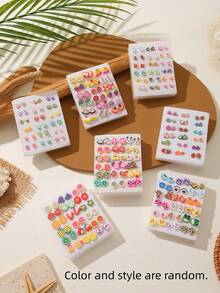 18 Pairs Summer Dopamine Girl Cute Colorful Soft Clay Fruit Animal Cartoon Mini Plastic Earrings Set, Random Color Style, No Box, Versatile Daily Wear, Best Birthday Gift For Friends (Random Color Style) - Multicolor - View 2